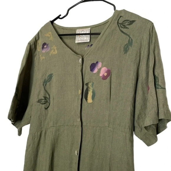 Vintage Play Alegre Hand Painted Green 100% Linen Dress Large (L) - Picture 2 of 7
